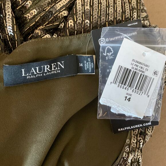 Ralph Lauren Sequined Sparkly Mini Shift Cocktail Dress Size 14 Bronzed Green - Picture 11 of 13